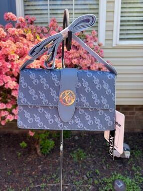 XOXO Periwinkle Logo-Print Crossbody with Gold Emblem
